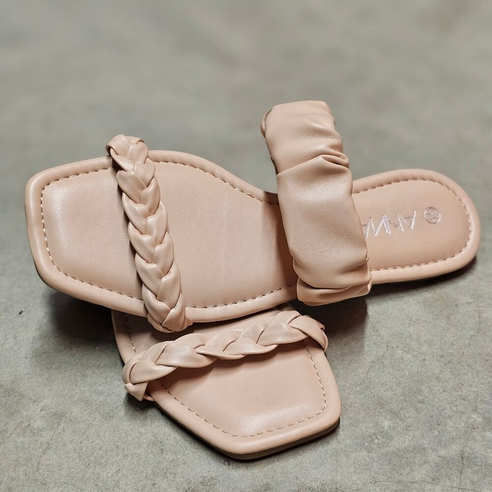 Nude Braided Strap Flat Sandals With Padded Scrunch Detail & Square Toe Design